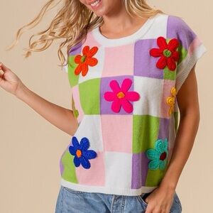 NWT BiBi Rainbow Y2K Crochet Flower Patch Checkered Knit Sweater Vest